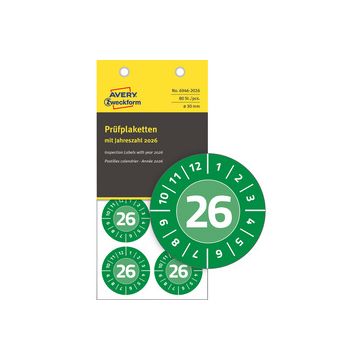 AVERY Zweckform Prüfplaketten, 2026, NoPeel, grün, 30 mm