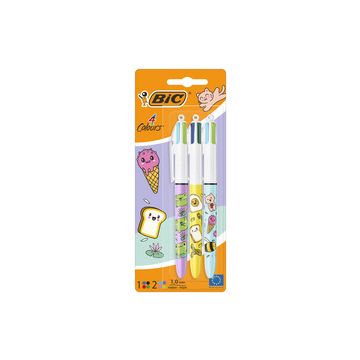 BIC Stylo à bille rétractable 4 Colours Kawaii, blister de 3