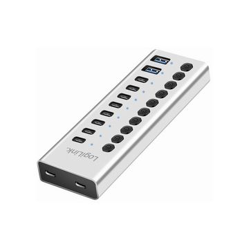 LogiLink Hub USB 3.2, 10 ports, interrupteurs on/off, argent