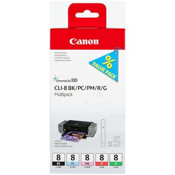 0620B027 / CLI-8 Canon - multipack 5 couleurs : noire, cyan photo, magenta photo, rouge, verte - cartouches d&#039;encre de marque