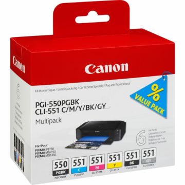 6496B005 / PGI-550/CLI-551 Canon - multipack 6 couleurs : noire, cyan, magenta, jaune, grise - cartouches d&#039;encre de marque