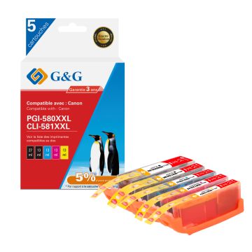 2024C006 / PGI-580 CLI-581 Canon - multipack 5 couleurs : noire, cyan, magenta, jaune - cartouches d&#039;encre compatibles qualité premium